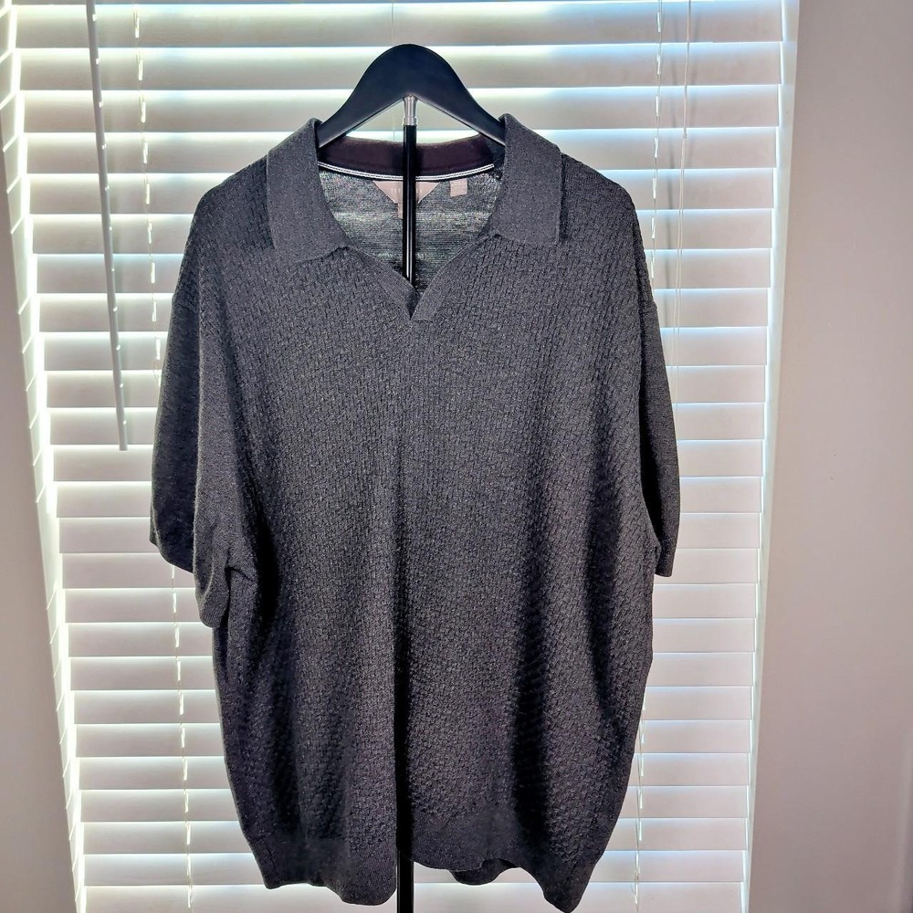 Ted Baker Men's XXL Charcoal Gray Textured Knit Short Sleeve Polo Sweater